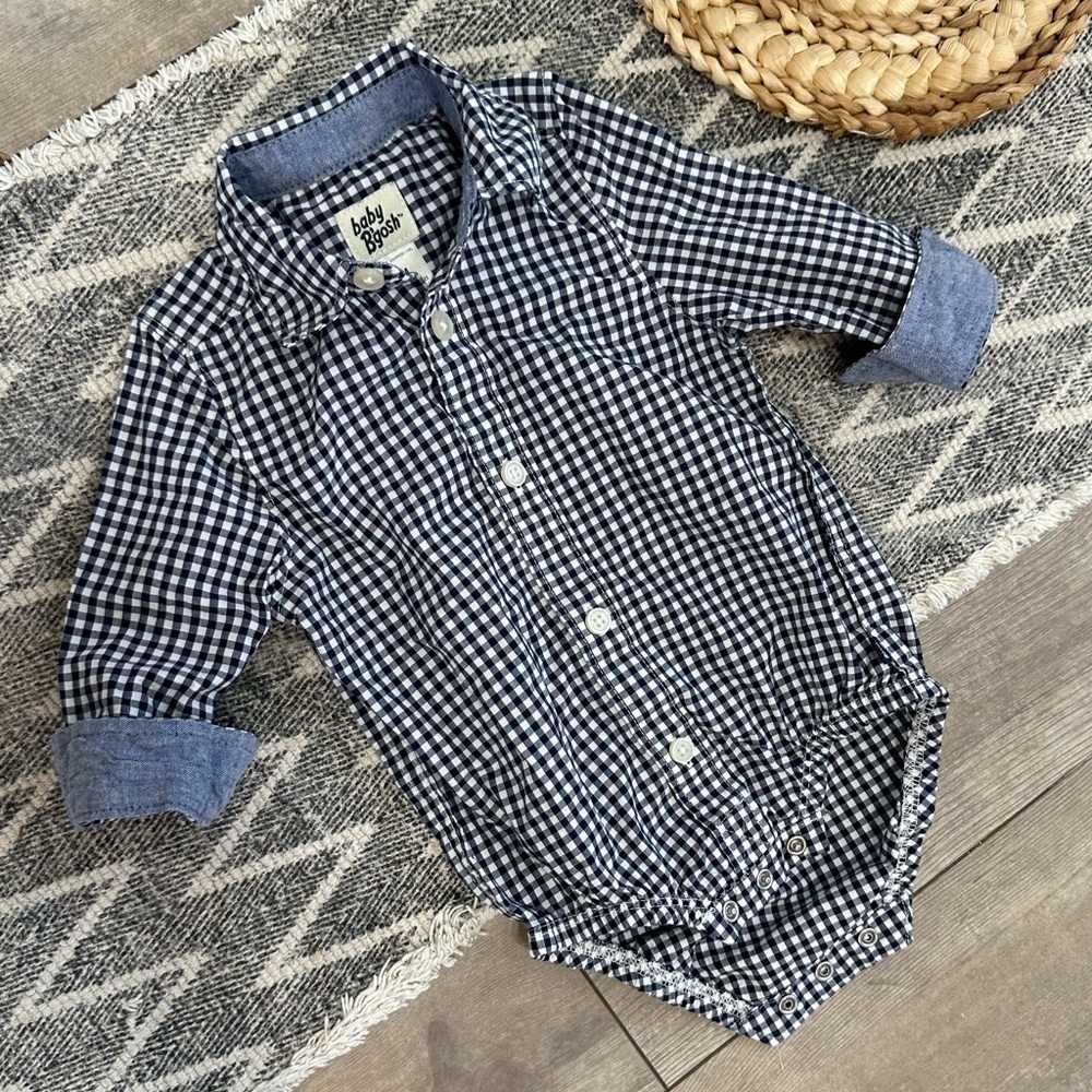 Oshkosh B’Gosh Baby Boy Navy White Gingham Checkered Button-Front Bodysuit